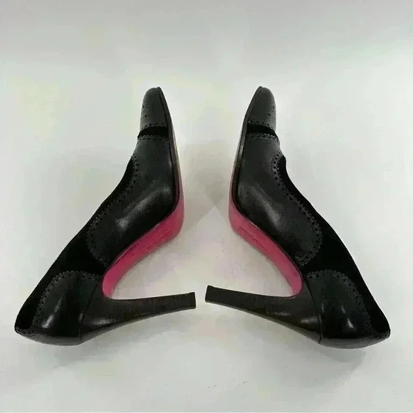 Emanuel Ungaro heels size 8.5 black Italian leather suede cap toe brogue career